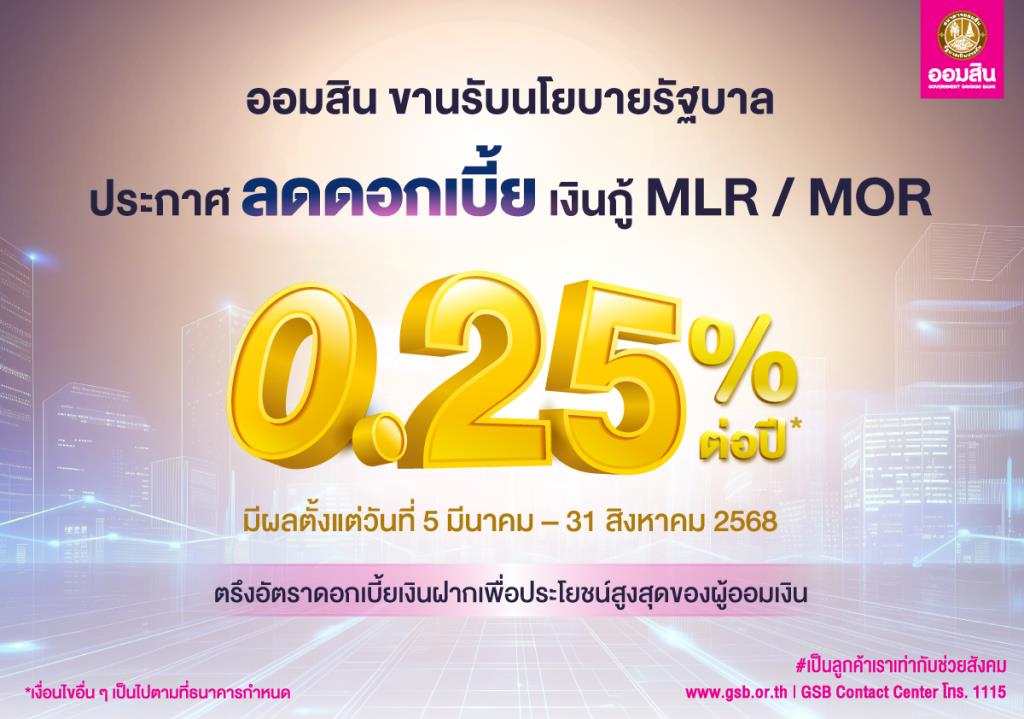 'ออมสิน' ลดดอกเบี้ยเงินกู้ MLR / MOR 0.25% พร้อมตรึงดอกเบี้ยเงินฝาก เพื่อประโยชน์สูงสุดของผู้ออม
